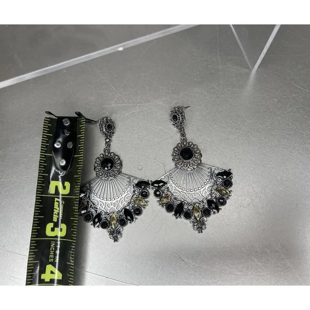 Statement Black Silver Tone Fan Tassel Beaded Rhinestones Earrings_4
